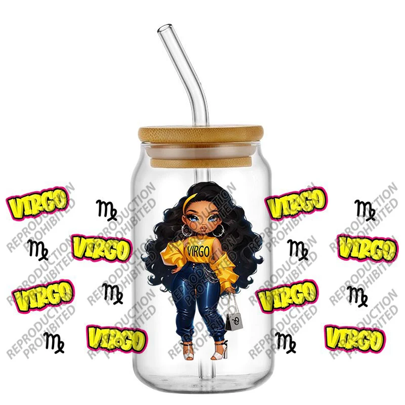 

Black women Magic 12 Zodiac Transfer Stickers Waterproof UV DTF Cup Mug Wraps Sticker DIY 3D Wrap Decal For 16oz Libbey Glass