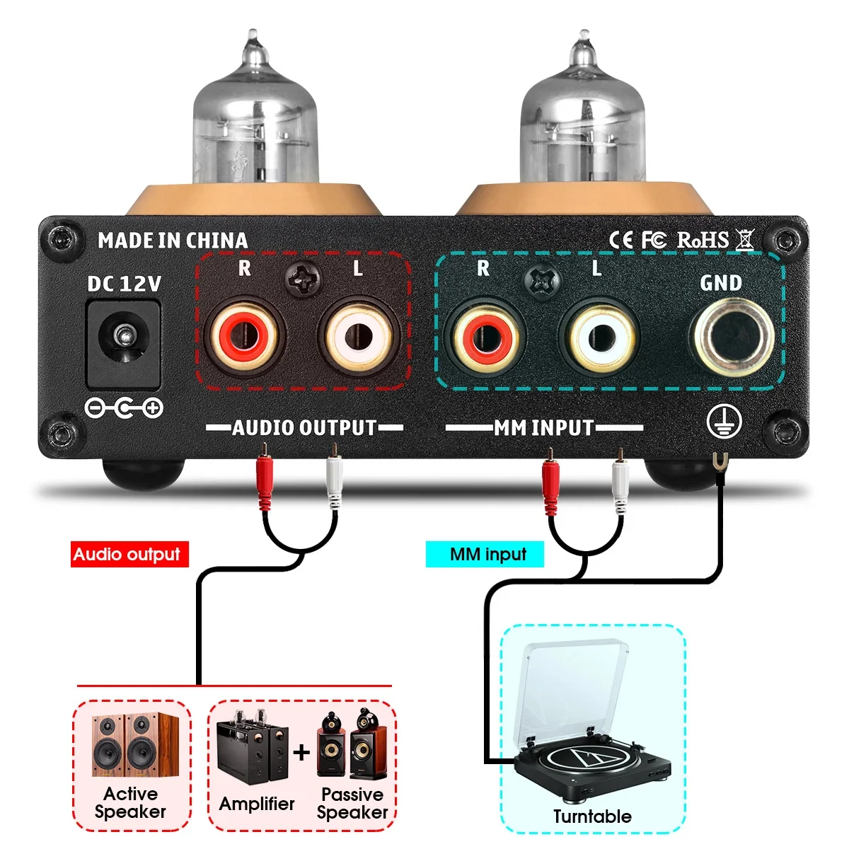 Douk áudio Mini HiFi MM Phono Stage Turntable Pré-amplificador Áudio Estéreo Tubo de Vácuo Pré-amplificador