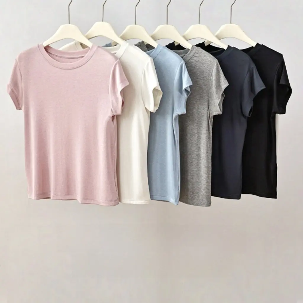 

Women's Lyocell Wool Tencel Short-Sleeved T-shirt round Neck Casual Top Lightweight Shoulder Slimming Spring Summer