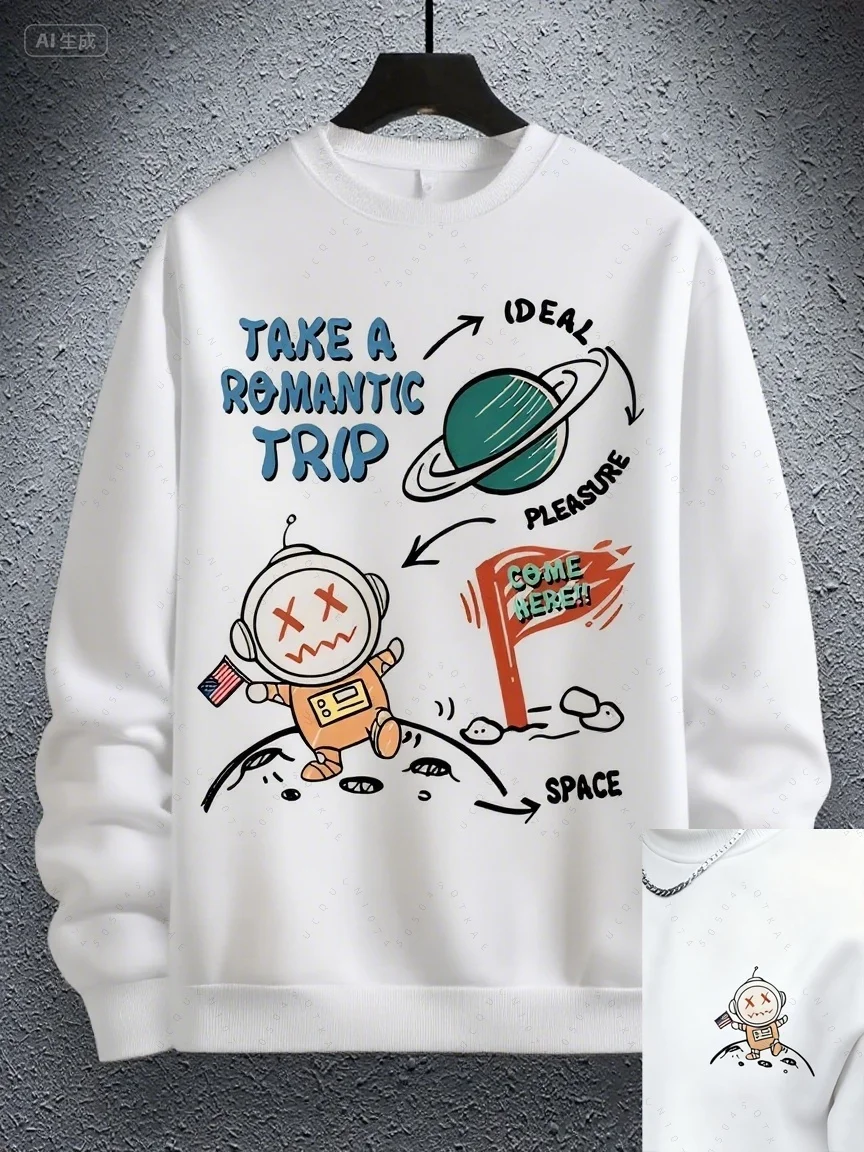 Мужская осенне-зимняя модная повседневная свободная толстовка с длинными рукавами и круглым вырезом с мультяшным принтом космонавта, подарок на Хэллоуин и Рождество