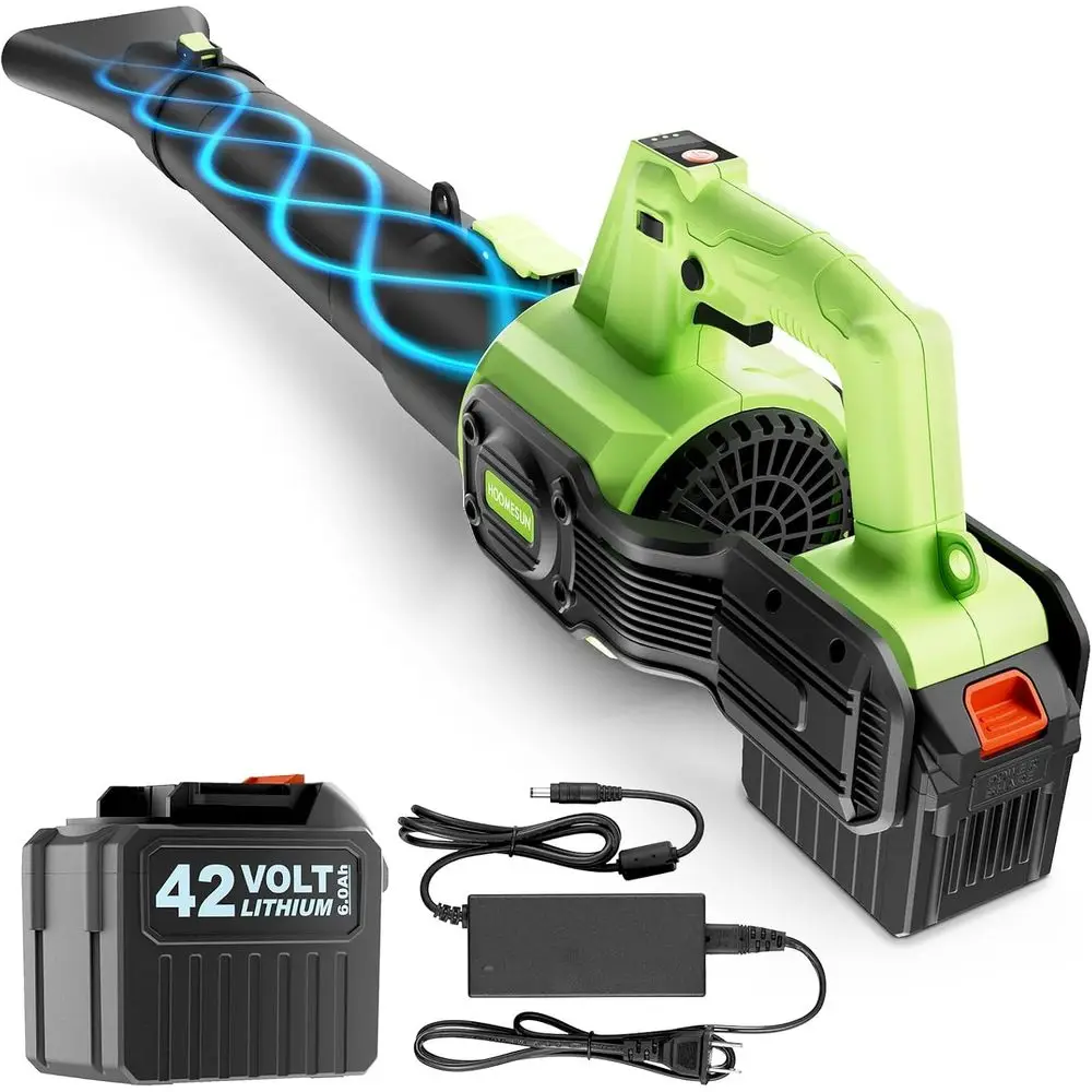 

Аккумуляторная воздуходувка для листьев, 710 куб. футов в минуту и 200 миль в час, 6-скоростная турбонагнетатель с аккумулятором 42 В, 6,0 Ач — легкая электрическая воздуходувка для двора, газона,