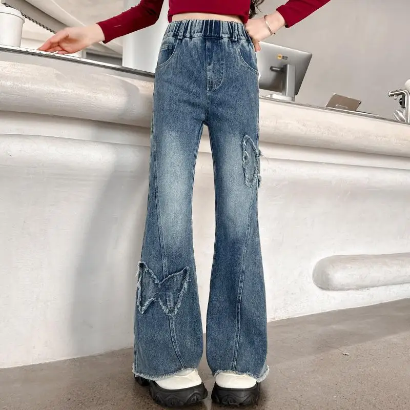 

New Junior Girls Denim Pants Ins Bow Patchwork Children Girls Flared Pant Loose Elastic Waist Casual 4-14Y School Girls Trousers