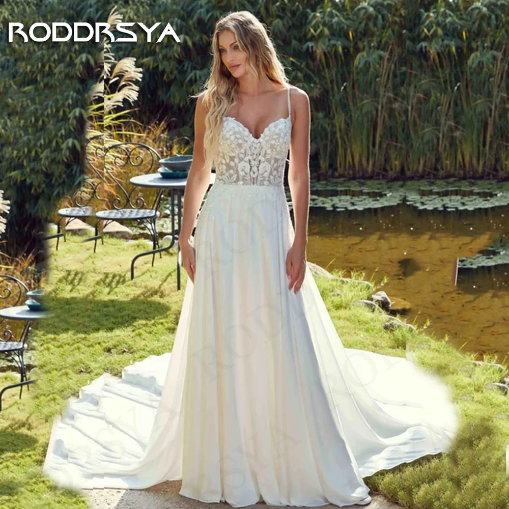 Roddrsya Boho Chiffon Brautkleid свадебное платье abnehmbare Langarm Spitze eine Linie Brautkleider Illusion Applikationen Strand Boho Chiffon Hochzeitskleid свадебное платье  Abnehmbare lange Ärmel Spitze A Line Braut