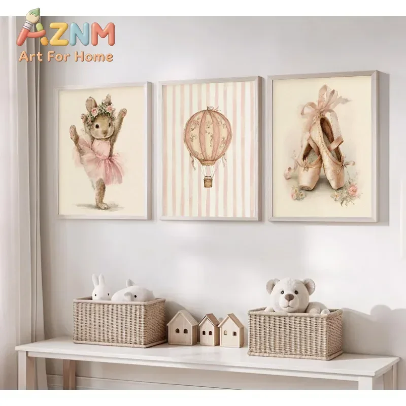 AZNM Watercolor Cute Bunny Bear Castle Hot Air Balloon Canvas Wall Art Pink Floral Ballet Shoes Frameless Print Poster for Nurse