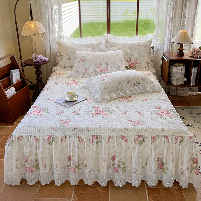 AIWINSURE-Printed Cotton Fitted Sheet, Queen King, Bed Skirt with Ruffles, Double Bed Cover, Floral Mattress Cover Protector