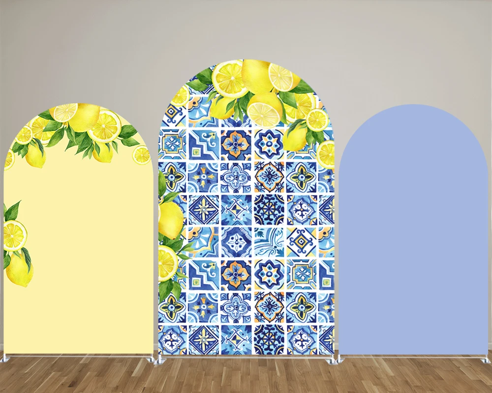 

Mediterranean Lemons Positano Tiles Arch Backdrop Covers for Parties Stretchy Arched Stand Fabric Cover Porcelain Party Decors