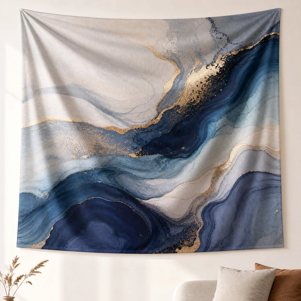 Mist blue gold-plated fluid ink 150X100CM customizable printed tapestry suitable for quiet living room wall background fabric
