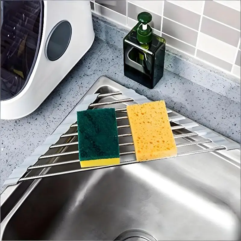 Roll Up Triangle Dish Drying Rack Kitchen Sink Organizer Corner Over The Sink Sponge Rag Holder Foldable Stainless Steel Draine