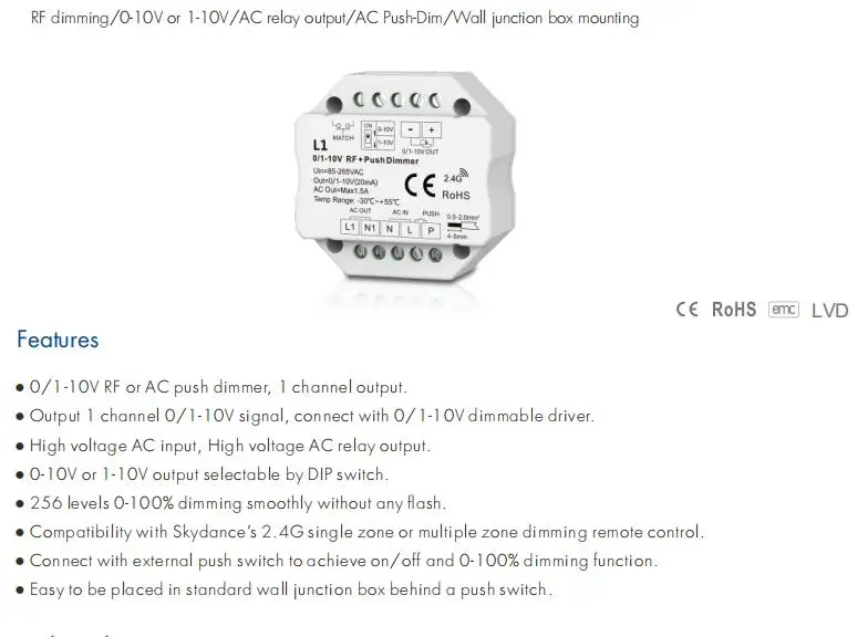 0-10V 1-10V LED Wireless RF Dimmer Push Switch + 2.4G RF 4-Zone Touch dimming Remote Controller AC85V-220V for Single Color LED