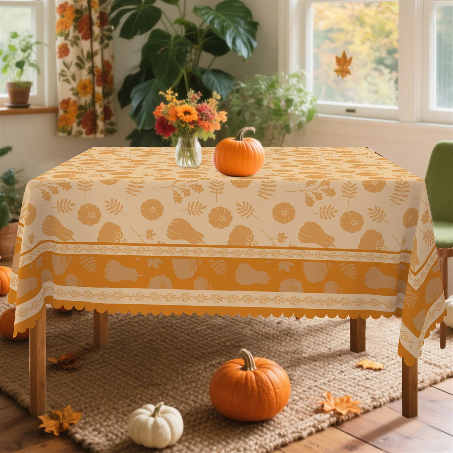 Striped pumpkin foliage tablecloth for autumn, 1 pack, suitable for Thanksgiving kitchen table party decorationxzj