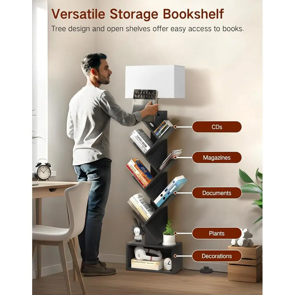 رف كتب على شكل شجرة مكون من 6 طبقات مع ضوء وجهاز تحكم عن بعد ومؤقت، رف كتب حديث طويل القامة على الأرض، خزانة كتب خشبية ضيقة، أورجاني كتب صغير #6