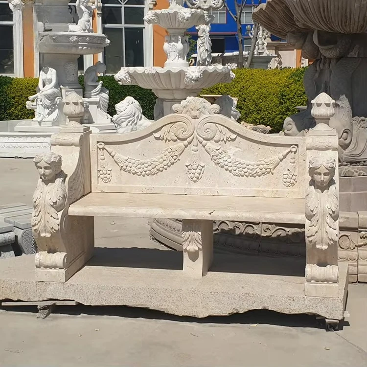 Outdoor Park Natural Stone Hand Carved Garden Chair Beige Marble Bench Sculpture