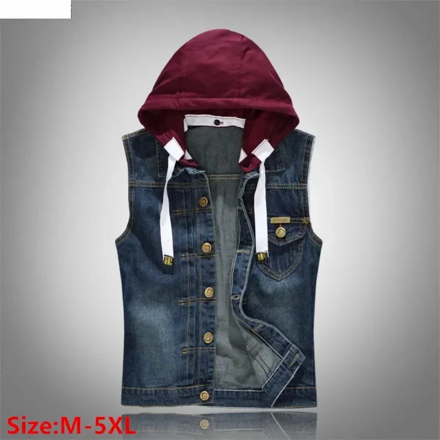 

New Men's Plus Size Denim Vests Slim Sport Hooded Cotton Vest Coat Trend Motorcycle Vest Tops Man Sleeveless Denim Jackets