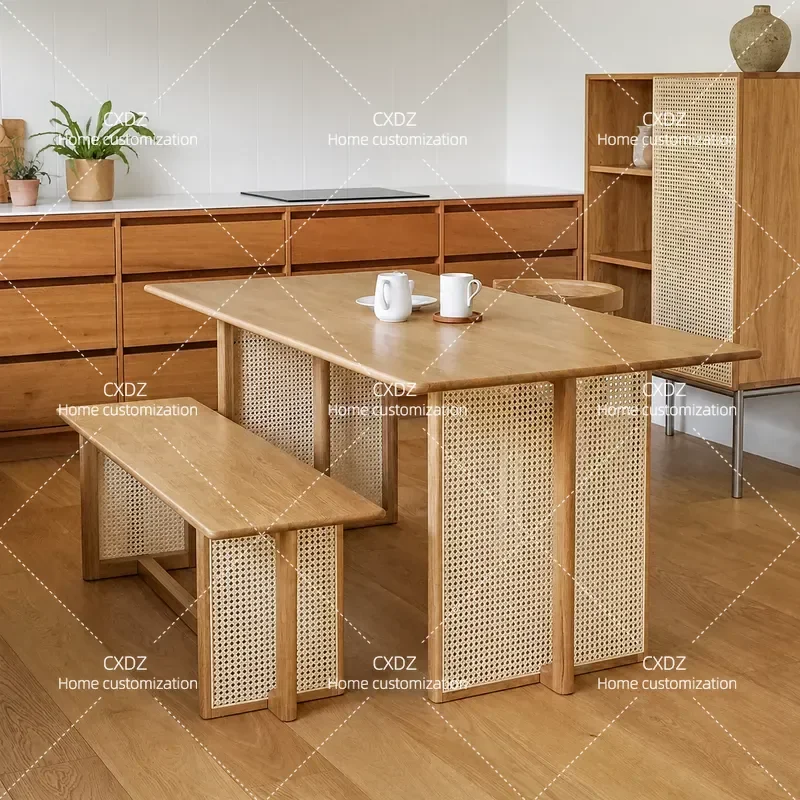 Solid Wood Dining Table Set Nordic Japanese Style Rattan Rectangular Table and Chairs Modern Red Oak Furniture for Small