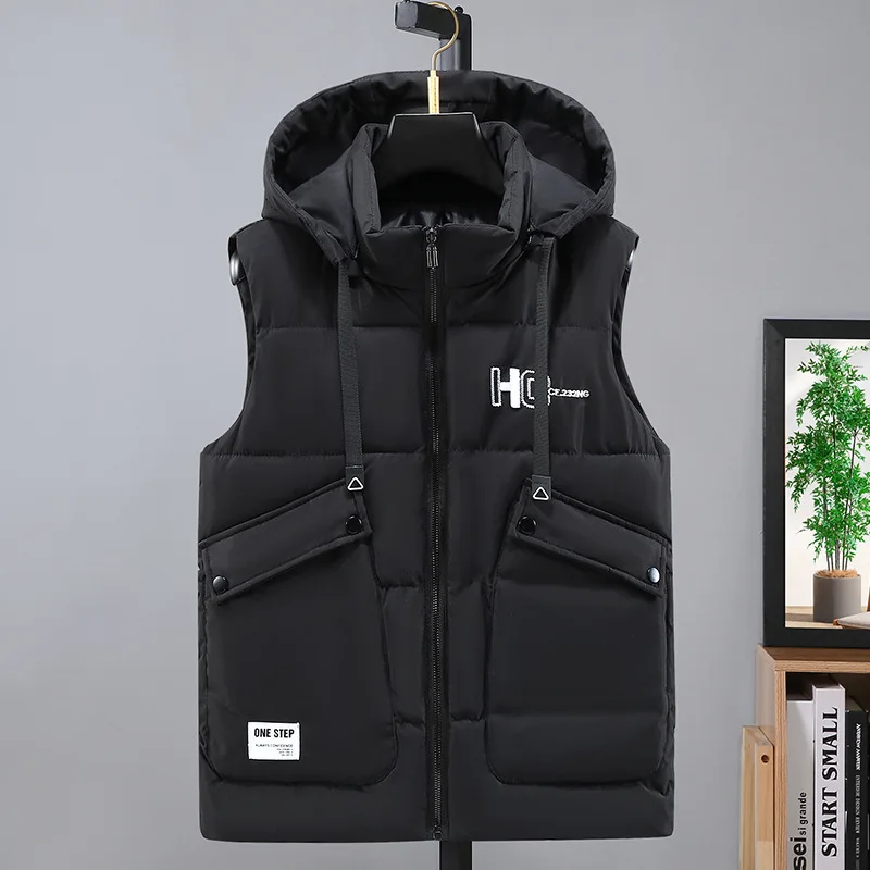 

#3633 Black Gray Beige Down Vest Coat Men Zipper Warm Pockets Sleeveless Jacket Slim Outerwear Vest Man Hooded Autumn Winter2023