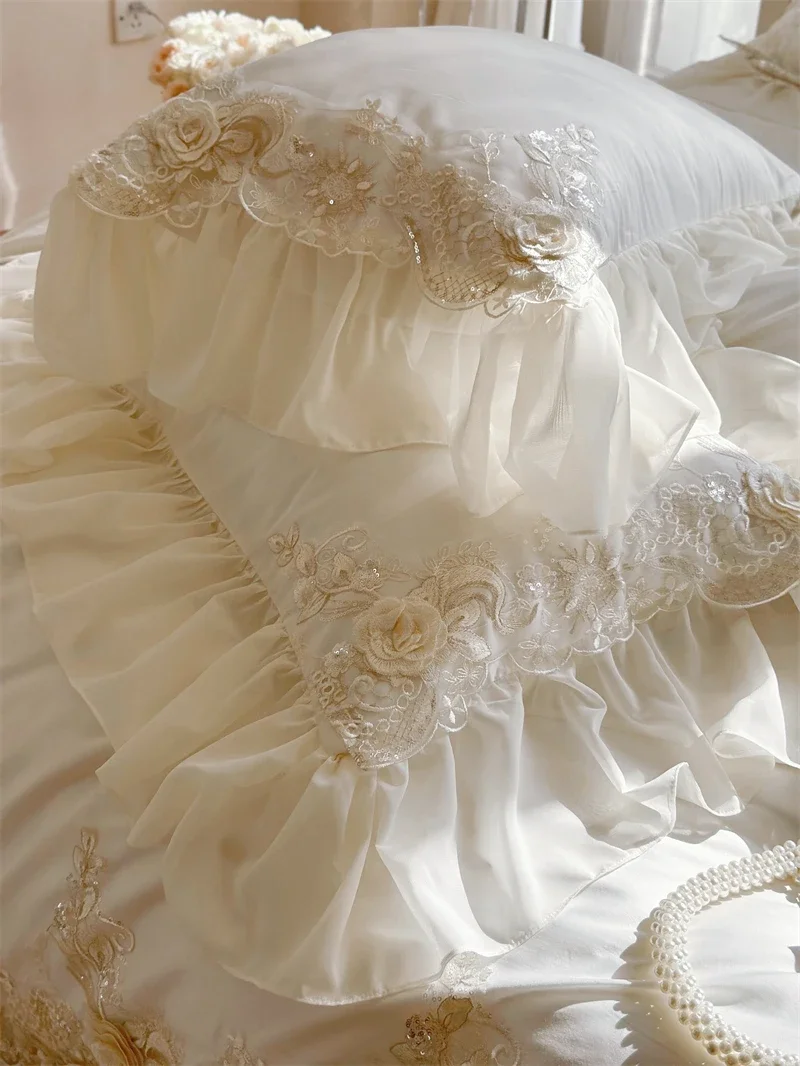 1000TC Egyptian Cotton Wedding Bedding Set, Romantic French Lace Ruffles, Flowes Embroidery, Duvet Cover, Bed Sheet, Pillowcase