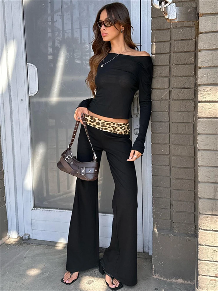 Absobe Leopard Print Fold Over Flare Pants Two Piece Set Women Long Sleeve Crop Top Trousers Slim Outfit Hottie Streetwear