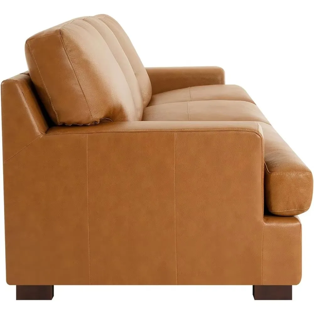 Siggy leather sofa, goose feather cushion padding, square arm design, sturdy block legs, perfect for living room, office