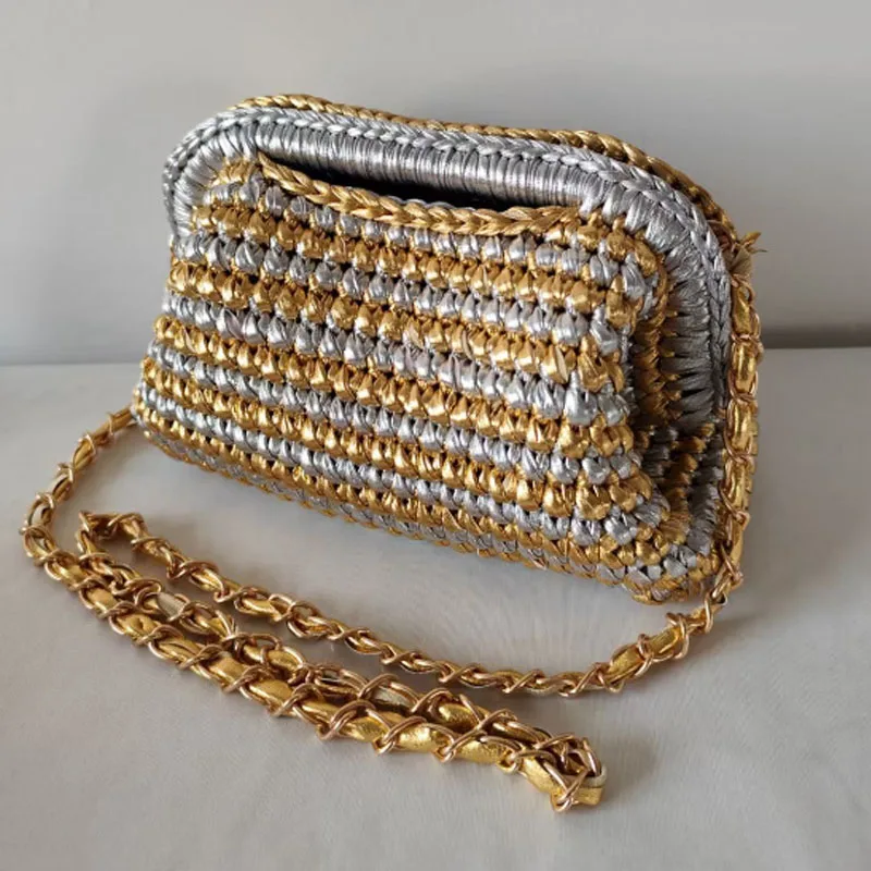 2026 New Hand Woven Gold Silver Contrasting Splicing Handbag Fashion Crossbody Bag Clip bag