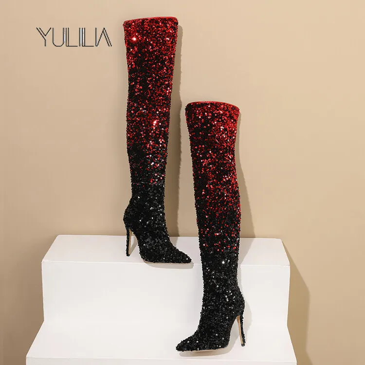 YULILIA Original Design New Italian Diamond Gradual Change Sequins Side Zipper Pointed Stiletto Over The Knee Boots Women Thigh