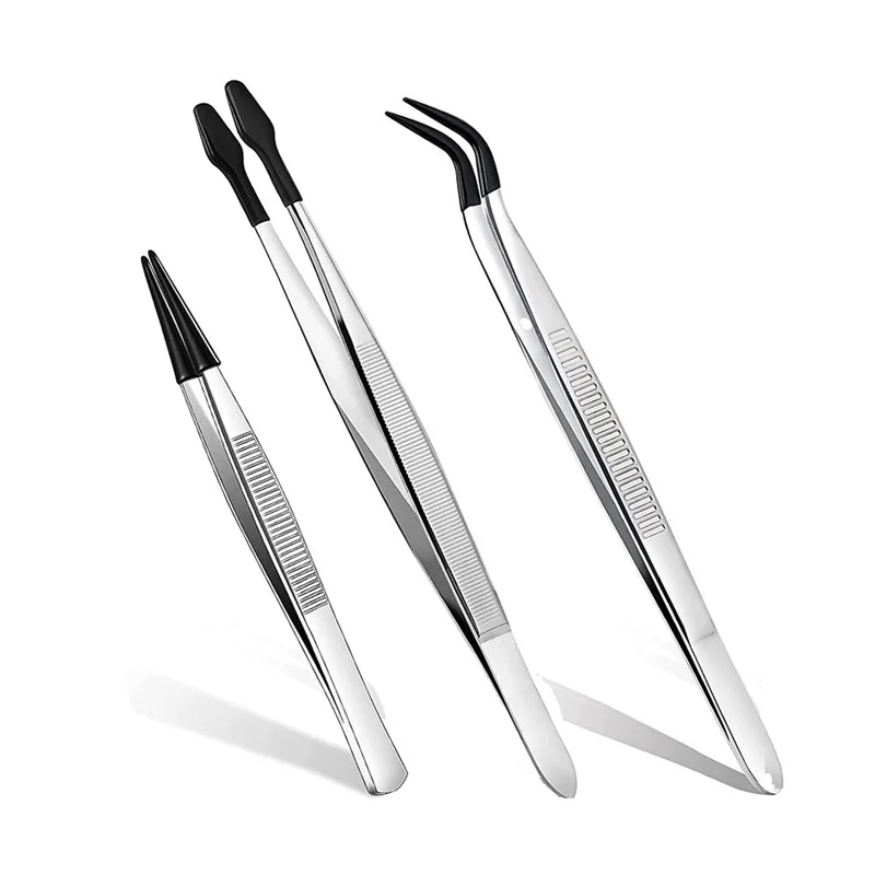 3 Pcs Rubber Tipped Tweezers, 6Inch Straight Flat Tweezers & 6Inch Bent Tip Tweezers & 4.7Inch Pointed Tweezers