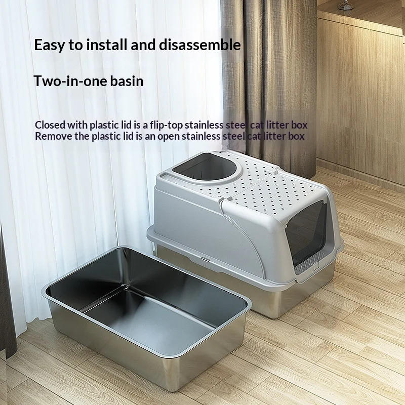 Caja de arena cerrada inoxidable extra grande con tapa anti-salpicaduras - imagen 4