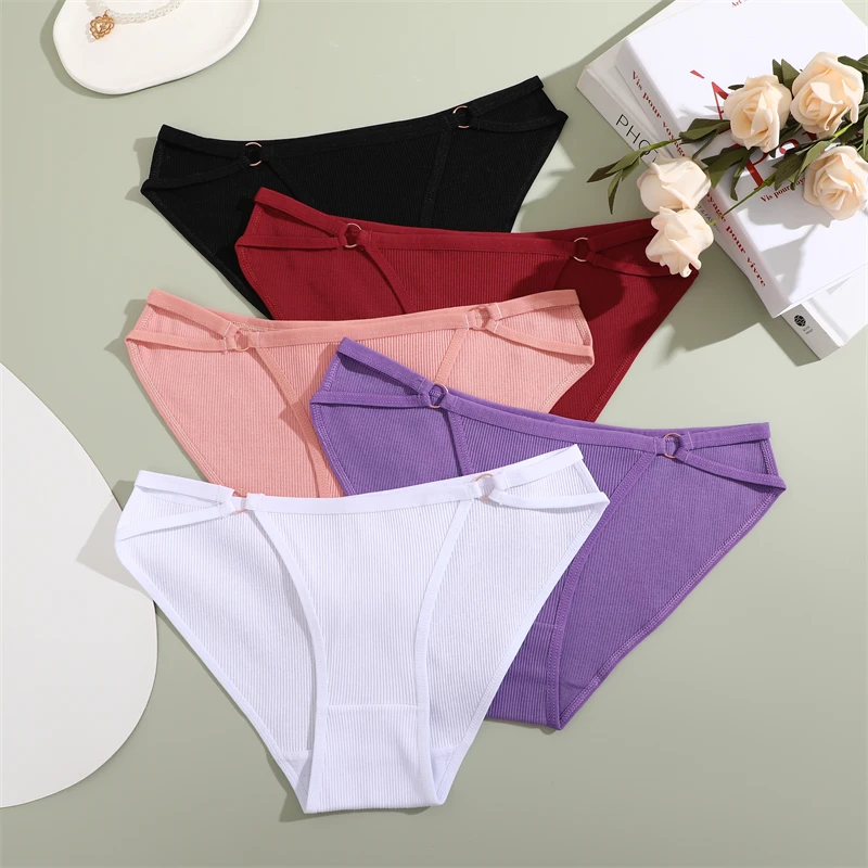 FINETOO Women Cotton Underpants Panties Sexy Low Waist Double Belt Brief Female Seamless Solid Multiple colors Intimate Lingerie