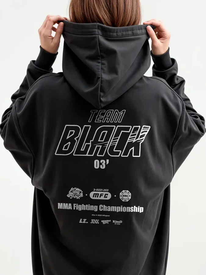 Retro Oversized Hoodie Women's Thickened Fleece Outerwear Commute Print Slimming American Style Trendy Streetwear Long Sleeve
