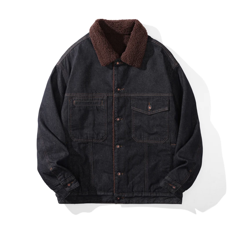 Men Autumn Winter Faux Fur Liner Fashion Loose Casual Plus Size Thicken Denim Jacket Cityboy Jeans Coat Cowboy Outerwear