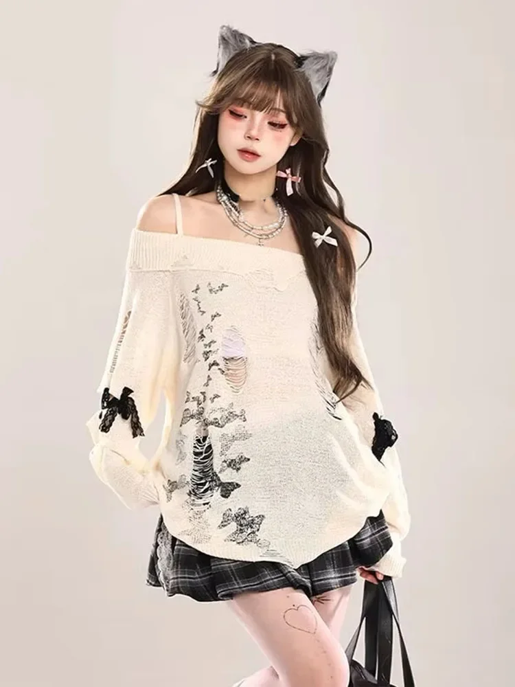 

Y2k Streetwear Vintage Butterfly Hole Knitted Pullover Autumn New Off Shoulder Sweaters American Top For Women 2025 Sueter Mujer