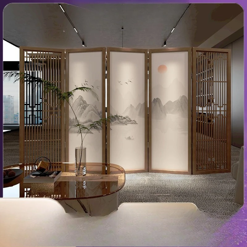 New Chinese landscape screen movable solid wood partition