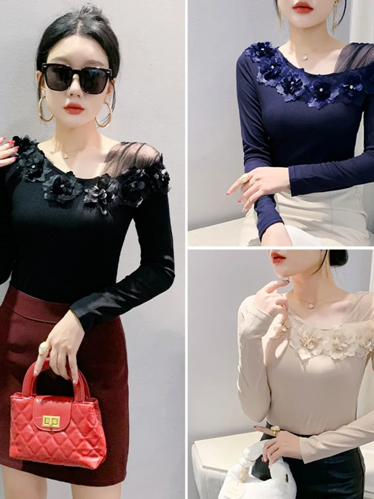 Fashionable Autumn New Slanted Neck Sexy Top, Light Luxury Flower Tight Fitting, Slimming Temperament Top