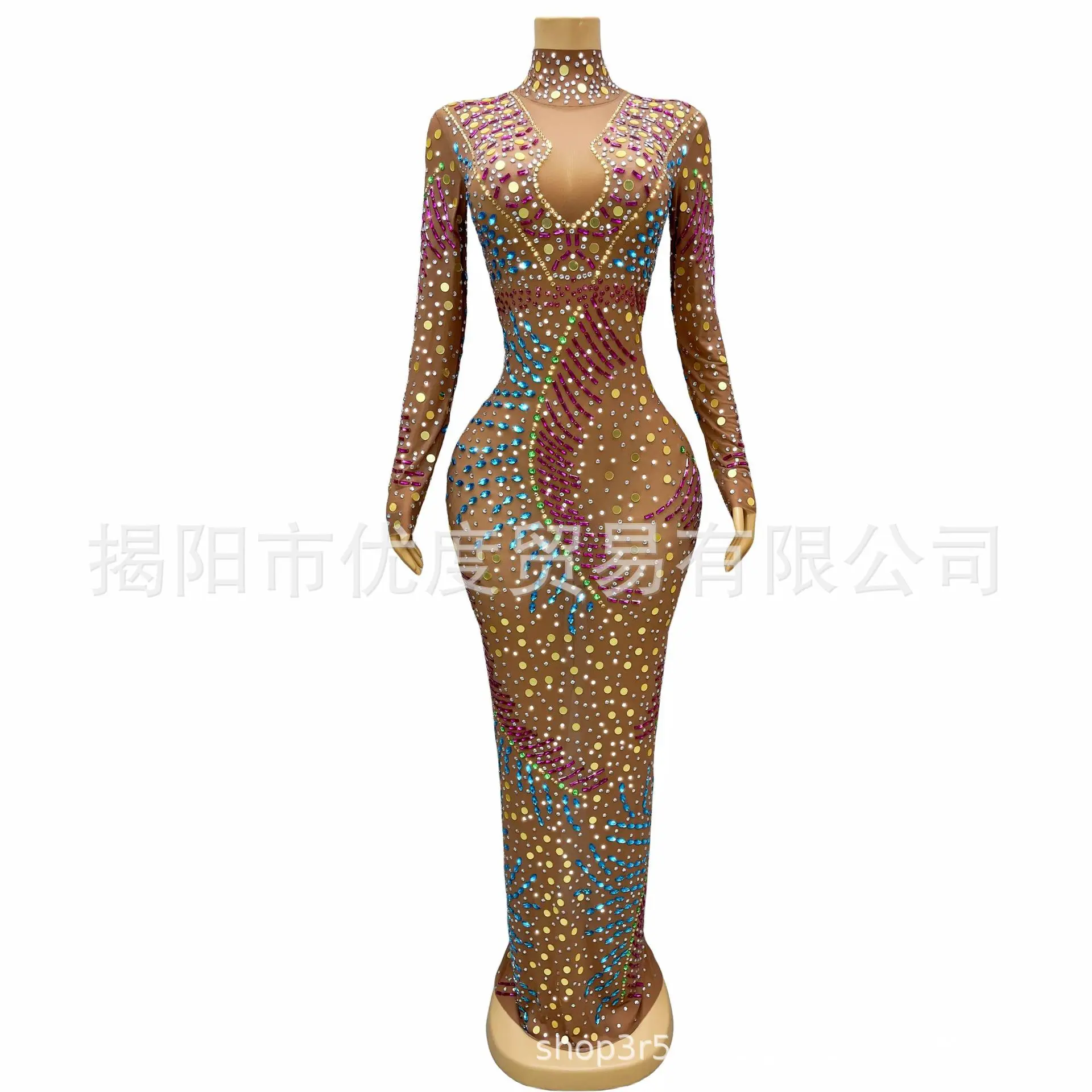 أنيقة ولامعة مثير شبكة حجر الراين غزل حفلة عيد ميلاد الاستقبال السجادة الحمراء مساء فستان أداء فستان طويل خوان الحرير