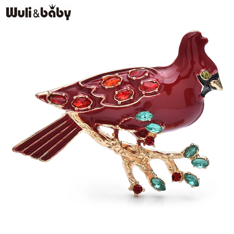 Wuli&baby Enamel North American Cardinals Bird on Crystal Tee Branch Brooch Pins Animal Badge Jewelry Gift