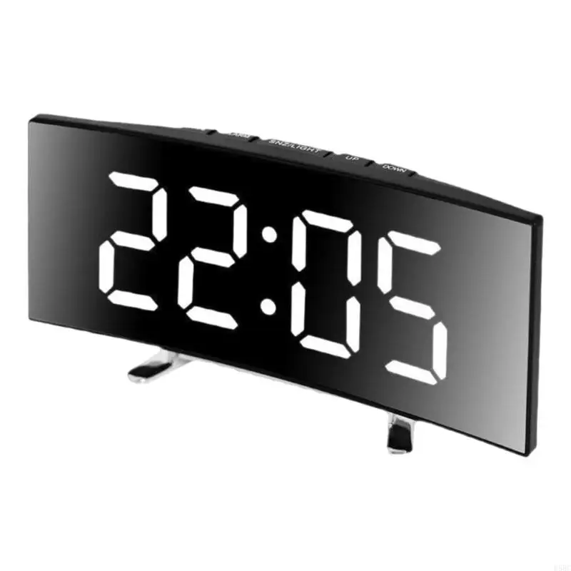 Modern Curved Mirror LED Desk Clock Quiet Intelligent Alarm Temperature Date Display USB/Battery Power Home Decors