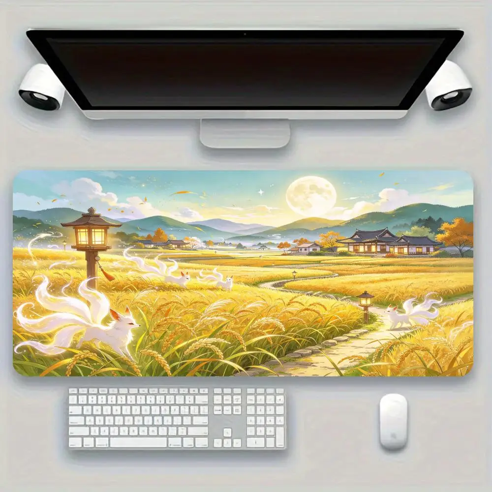 Moonlight Rice Field Fox Spirit Play Mat Smooth Glide Large Size For Japanese Style Home