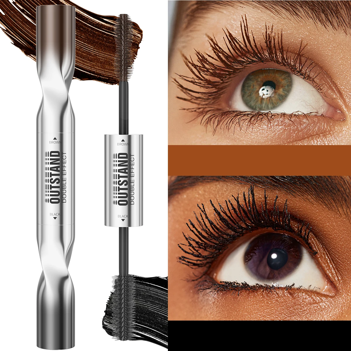 Máscara de pestañas resistente al agua de doble punta, negro y marrón, pestañas duraderas, alargamiento voluminizador para todo tipo de piel, máscara resistente al agua