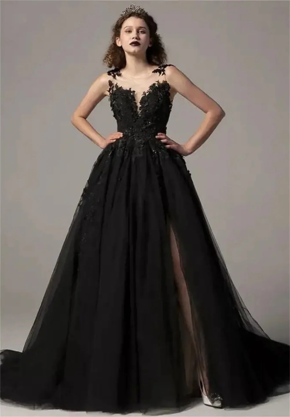 Black Prom Dresses Luxury Tulle Evening Dress Embroidered Gothic Wedding Dress  Custom Robe Party Dress 2024 Vestidos De Noche