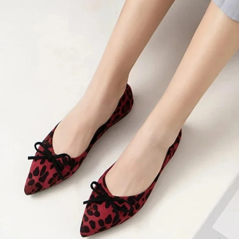 

2025 Bow-Knot Flats Pointy Toe Ballerina Shoes For Women Noiseless Slip-On Leopard Red Yellow Flock