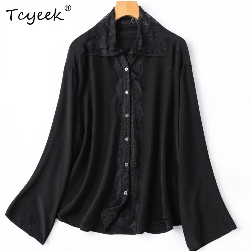 

Tcyeek 100% Real Silk Blouses for Women 2026 Spring Gothic Style Vintage Black Lace-edged Shirts Woman Clothing Roupas Femininas