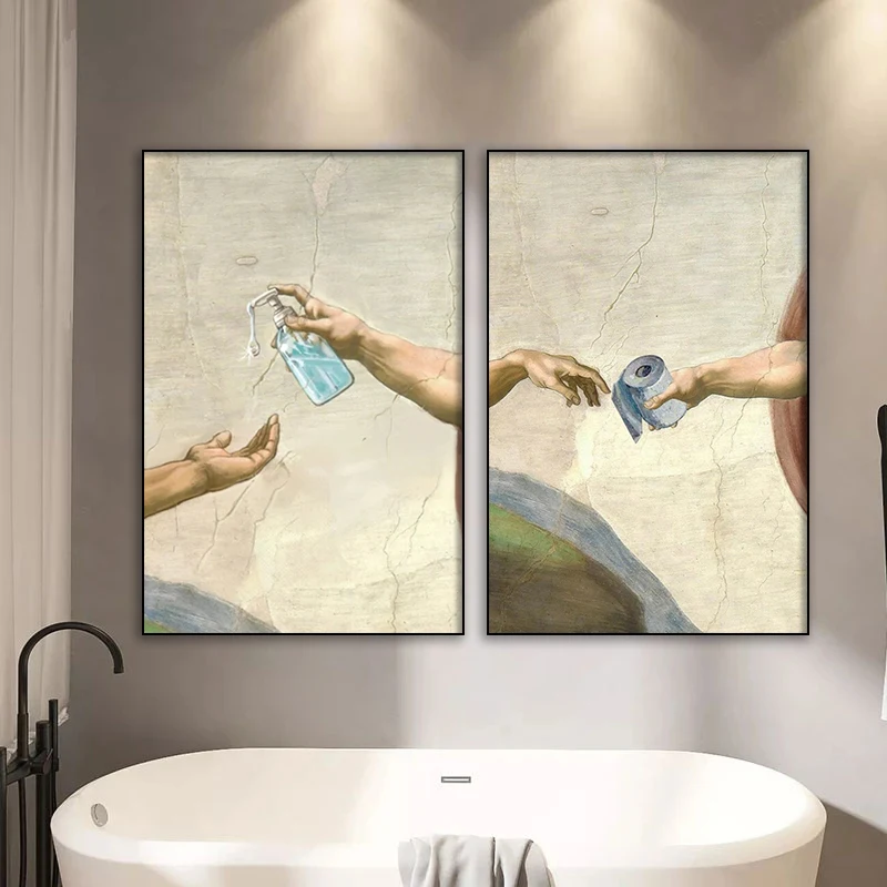 Retro Ręka Boga i Adama Zabawny Papier Toaletowy Obraz na Płótnie Plakat Do Łazienki Łazienka Living Wall Art Home Decor