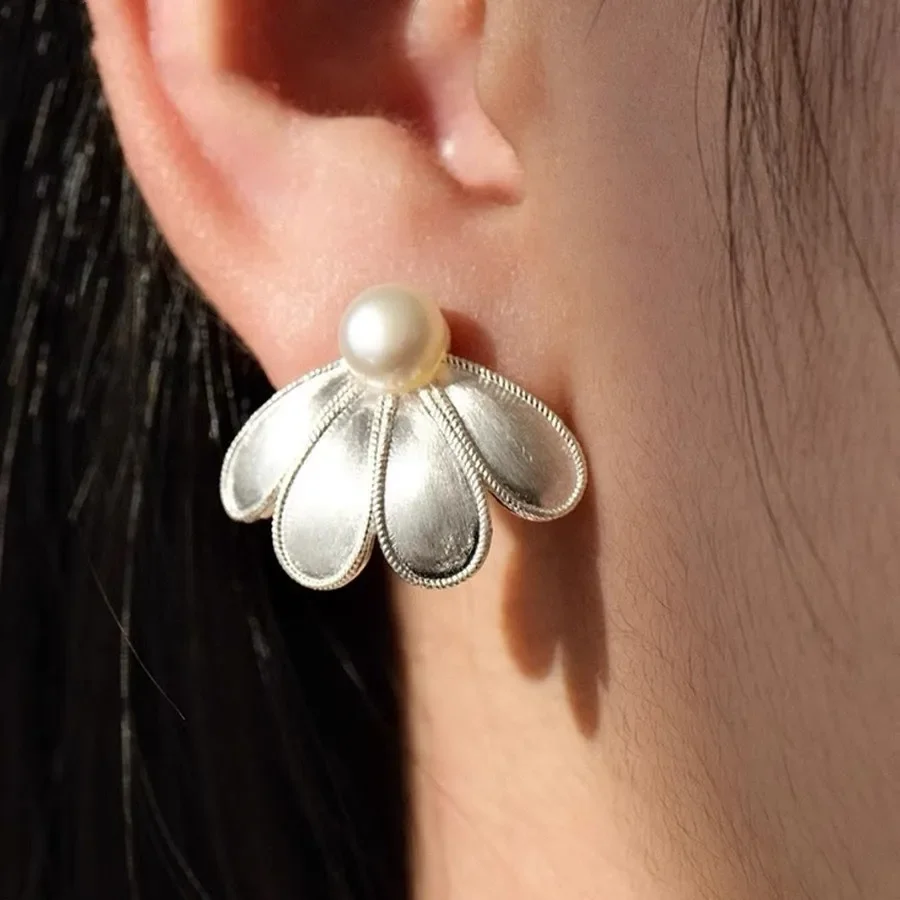 

Silver Color Flower Earrings for Women Handmade Brushed Double Petal Freshwater Pearl Stud Earrings Elegant Party Jewelry