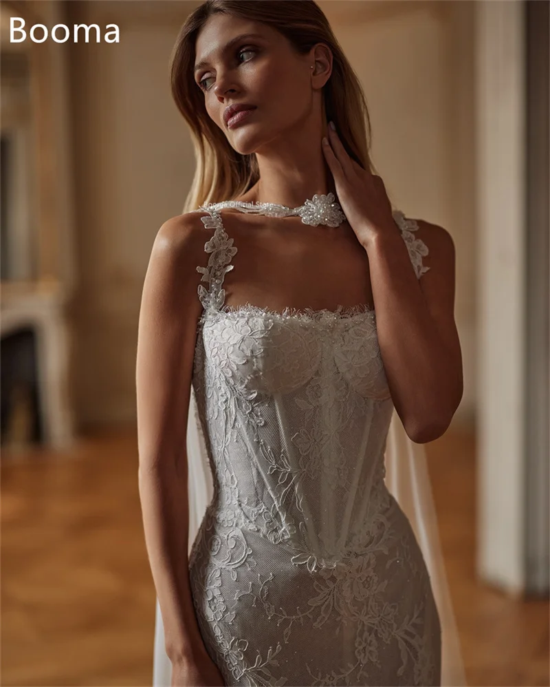 Booma حورية البحر السباغيتي حزام اللؤلؤ الدانتيل فساتين زفاف أنيقة طول الأرض بلا أكمام فستان العرائس مخصص 2025