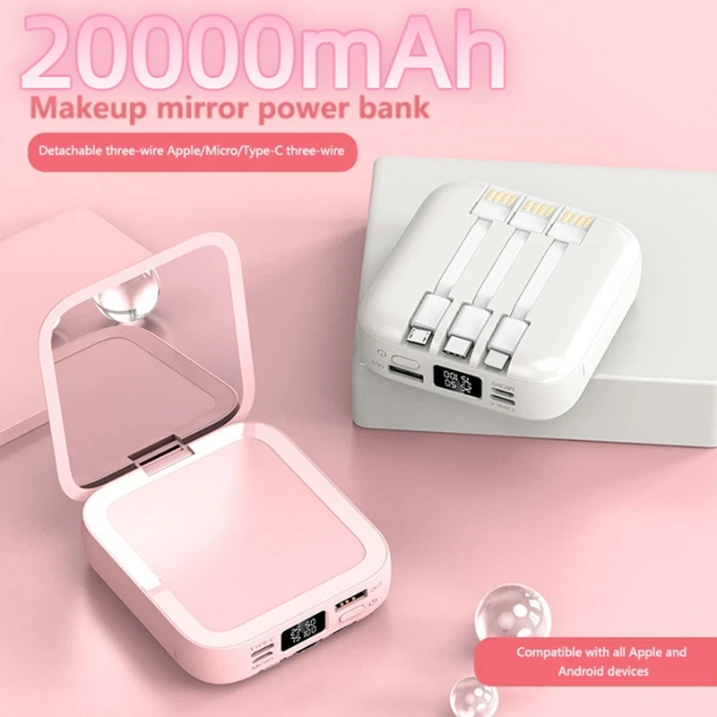 20000mAh Power Bank with Makeup Mirror Detachable Digital Display External Battery Built in Cable for iPhone Samsung