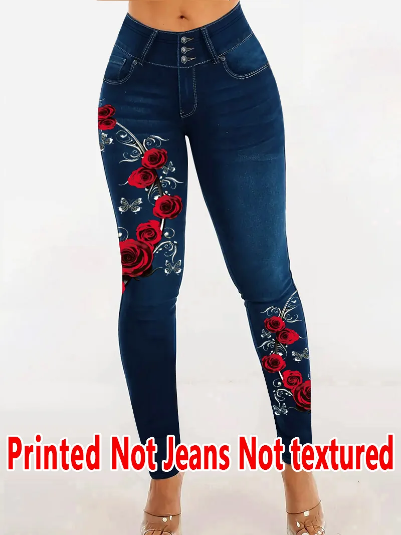 Ladies' Non-Leather Denim-Like Printed Trousers 2D Embroidery Effect Stretch Pants All-Season Fashion Bottom Wear