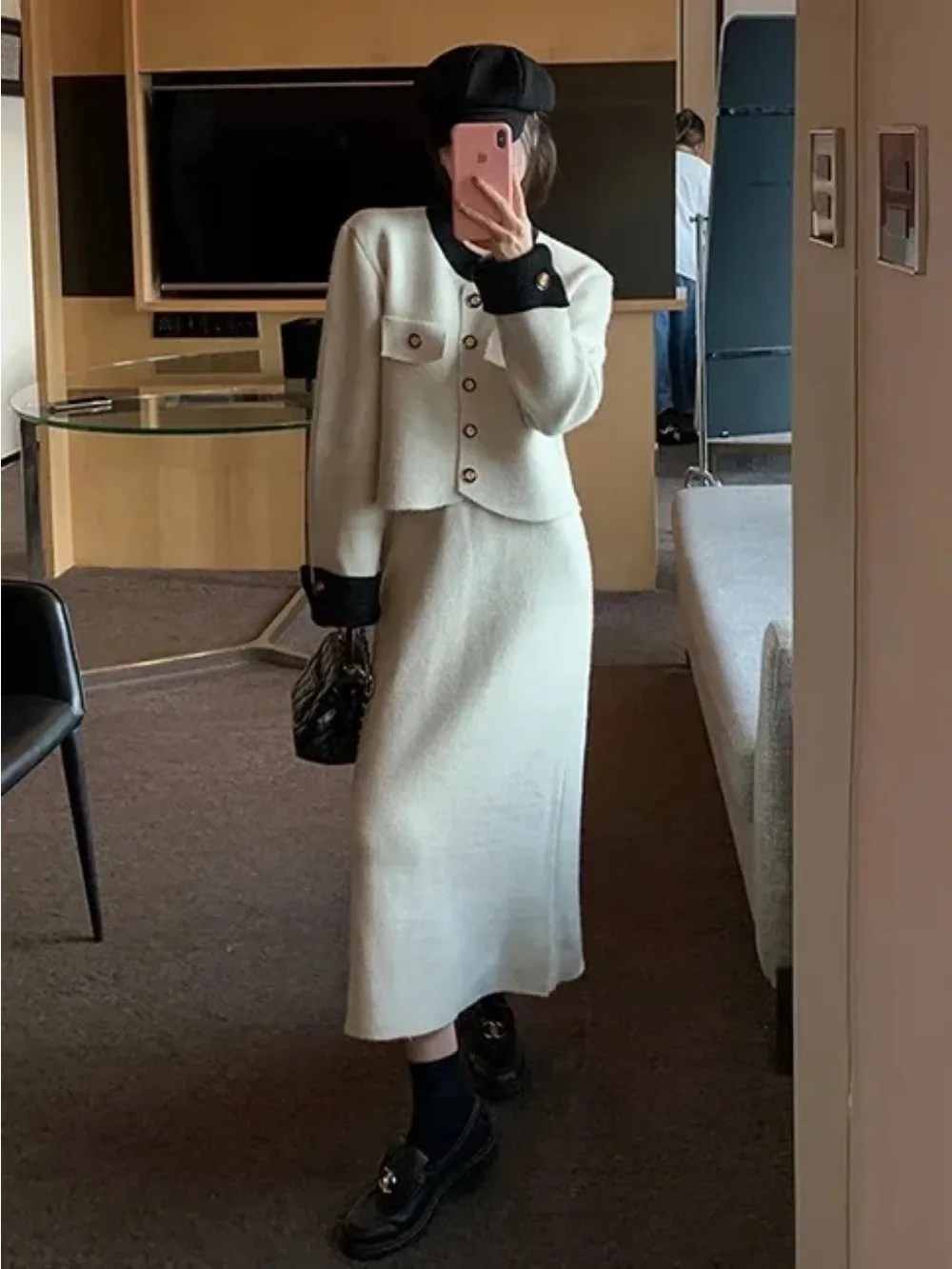 Muslim Knitting Sets Women Cardigan Single Breasted Coat Long Skirt Outfits Temperament Ensemble Knitted Skirts Two Piece Suit