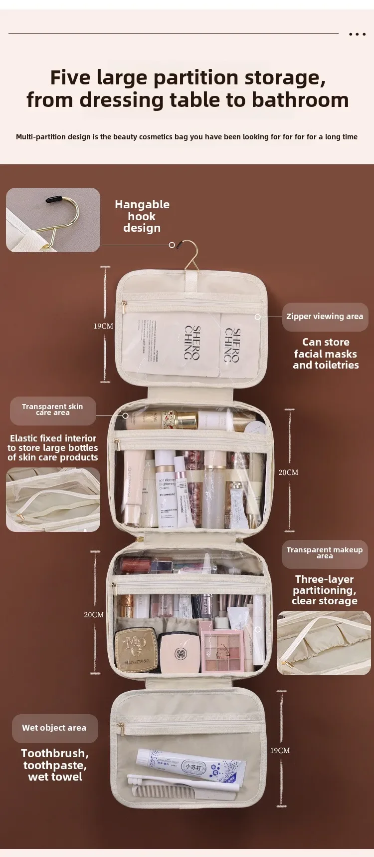 Neue mehrschichtige hängende Kosmetiktasche mit großer Kapazität, wasserdicht, transparent, Make-up-Organizer für Reisen, tragbare Kulturtasche – Detail 4