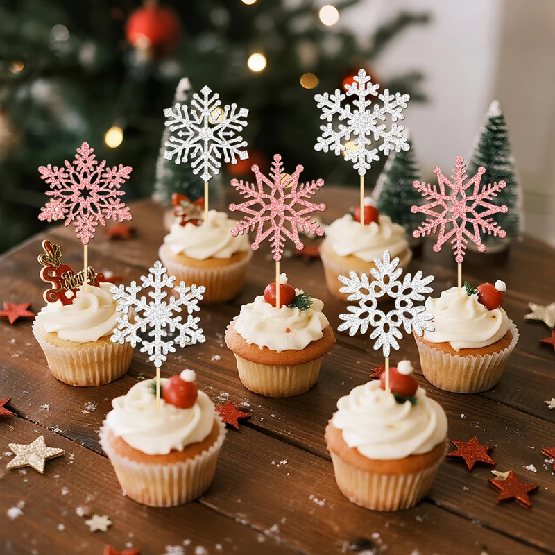YOMDID 25 Stück glitzernde Schneeflocken-Kuchendekoration, Winter-Weihnachts-Cupcake-Topper, Schneeflocken-Cupcake-Picks, Weihnachtsdekorationen
