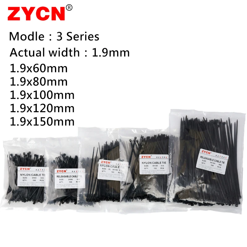 500Pcs Cable Ties 3x60 3x80 3x100 3x120 3x150 Width1.9mm Self-Locking Plastic Nylon Wire Zip Black White Fasteners Combination