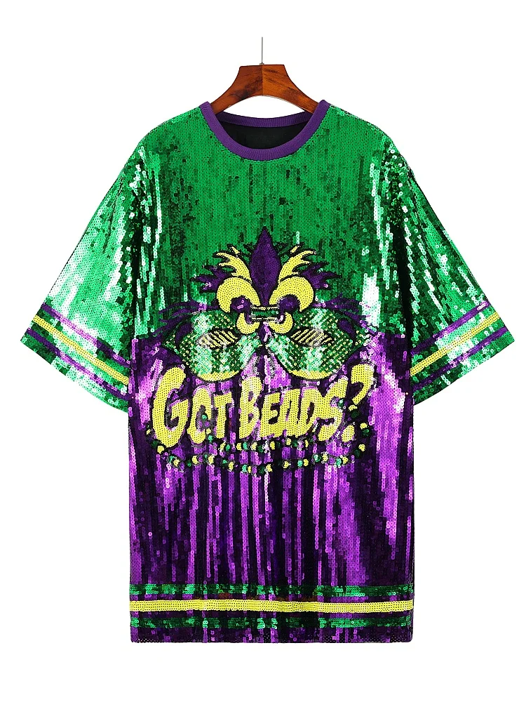 Abito da festa con paillettes con stampa maschera Fleur-De-Lis scintillante, girocollo, mezza manica, abito t-shirt con paillettes larghe oversize a blocchi di colore